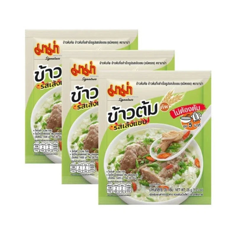 MAMA Mama Rice Porridge Cup Packets in Spicy Leng flavor, dry grocery snack with steaming rice porridge in individual cups.