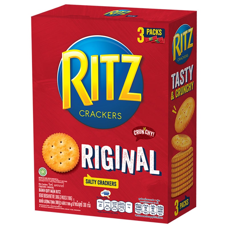 Golden Ritz Crackers, crispy confectionery snack with a classic square shape and ridged edges, arranged on a white background.