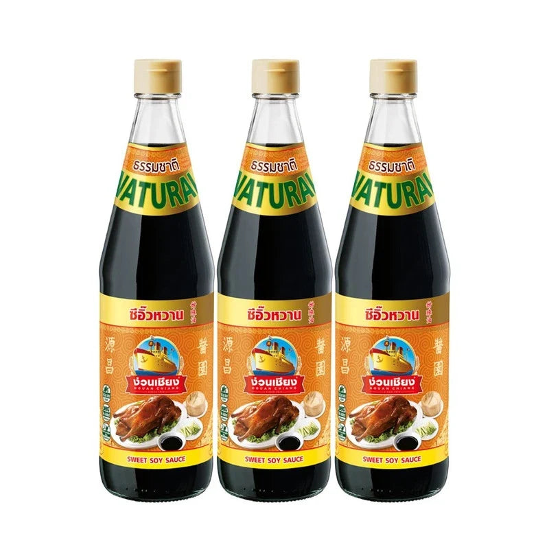 NGUAN CHIANG Sweet Soy Sauce 970g bottle, shown in a pack of three, ideal for cooking and Asian cuisine.