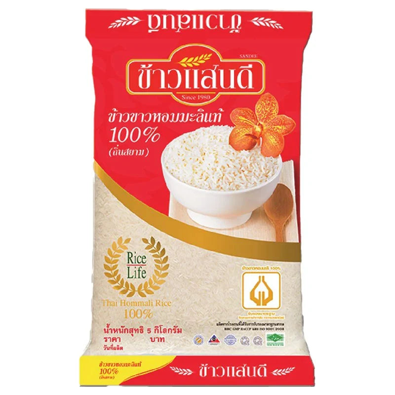 Sandee Rice Jasmine Thin Siam 100% jasmine rice in a 5kg package, showcasing white rice grains in a clear bag.