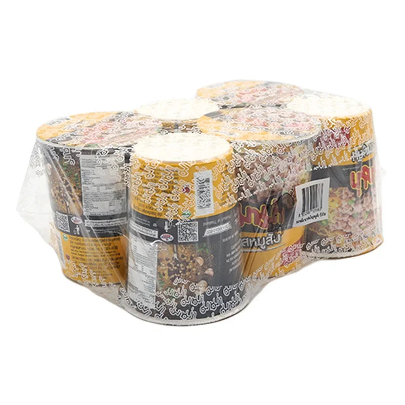 Mama Cup Instant Noodles with Minced Pork, 60g x6, dry grocery pack featuring easy-to-prepare ramen noodles.