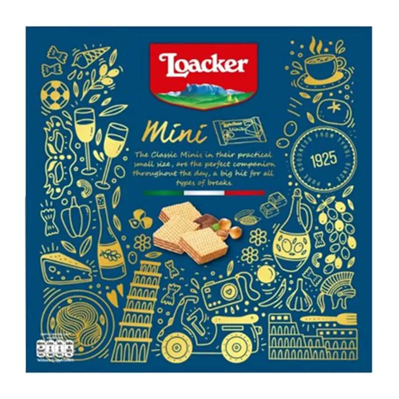 Loacker Italian gift box with assorted snack and confectionery wafers, 160g, featuring colorful packaging and individual chocolate treats.
