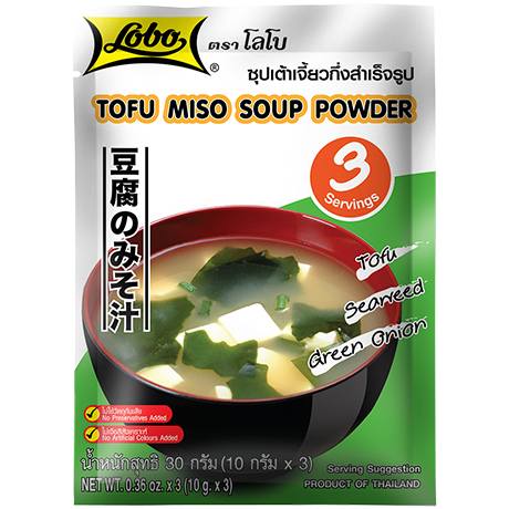 Lobo Tofu Miso Soup in a bowl with tofu cubes and green onions, showcasing the flavorful Japanese-style grocery product.