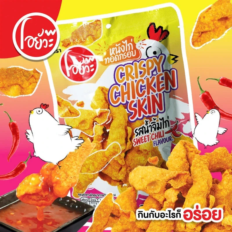 O-YUA Crispy Chicken Skin Snacks with Sweet Chili Flavor, 35g, displaying the crispy chicken skin coated with sweet chili sauce.