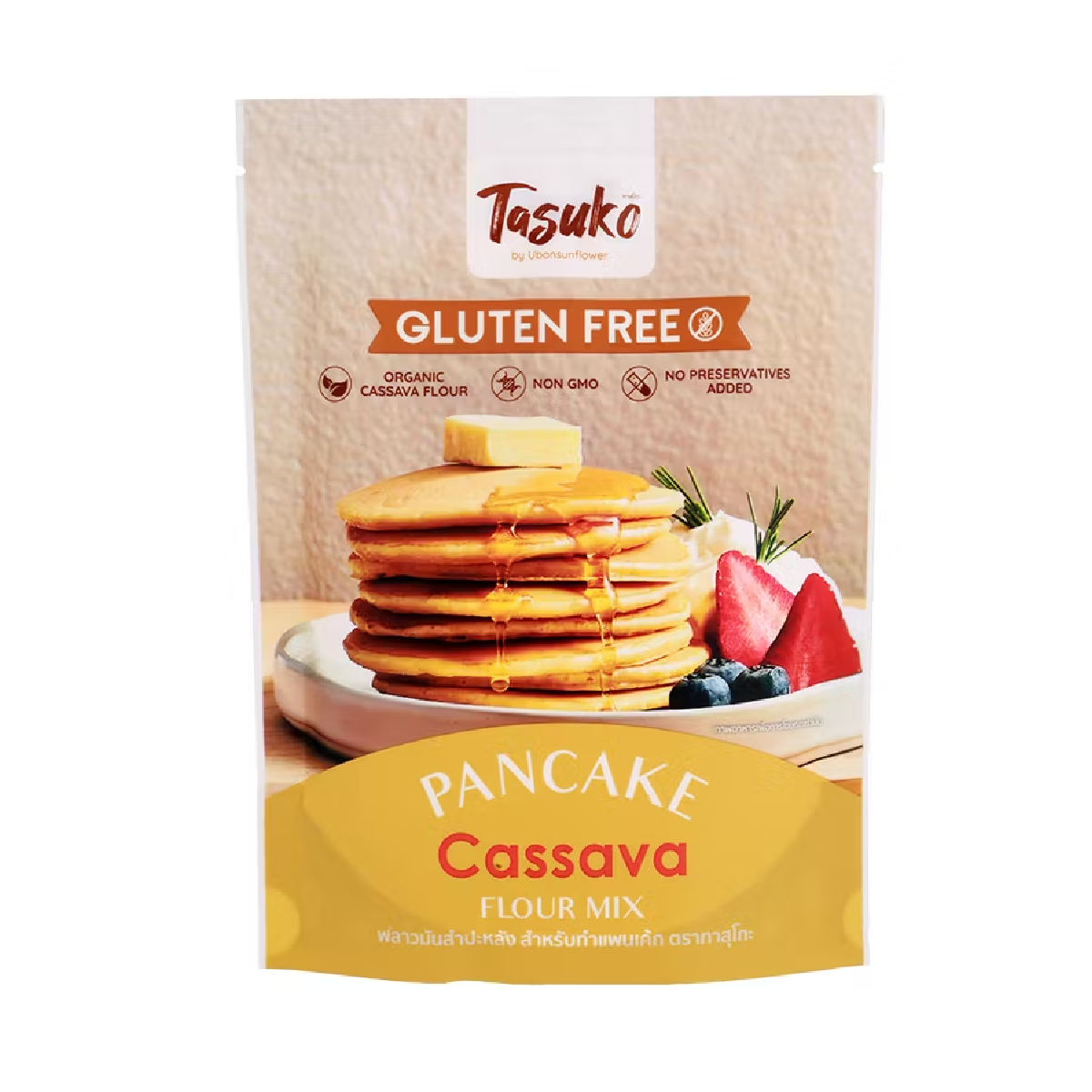 Tasuko Pancake Cassava Flour Mix in a package, ideal for making gluten-free pancakes in grocery shopping.