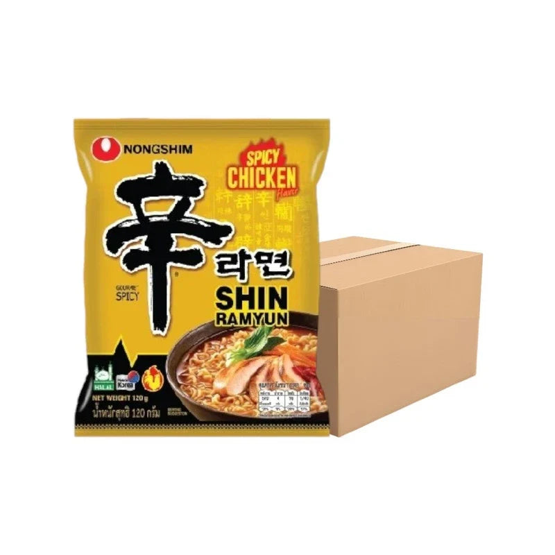 NONGSHIM Shin Ramyun spicy chicken instant noodles in a packaged dry grocery box with vibrant red and yellow branding.
