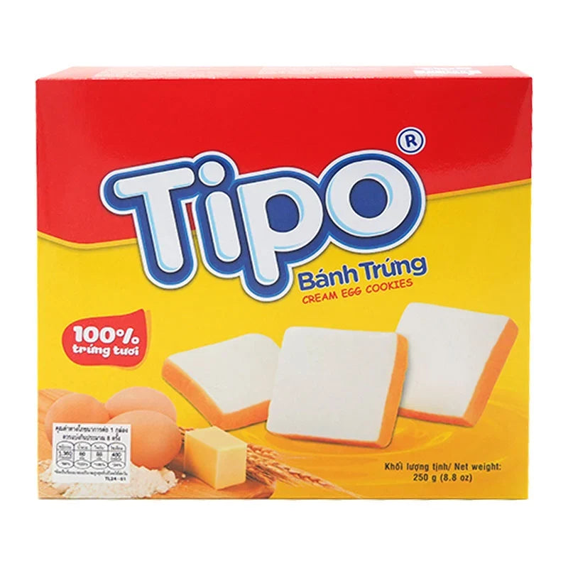 TIPO Milk Cream Egg Cookie 250g, dry grocery snack with crispy cookies filled with creamy milk filling, shown in the image.