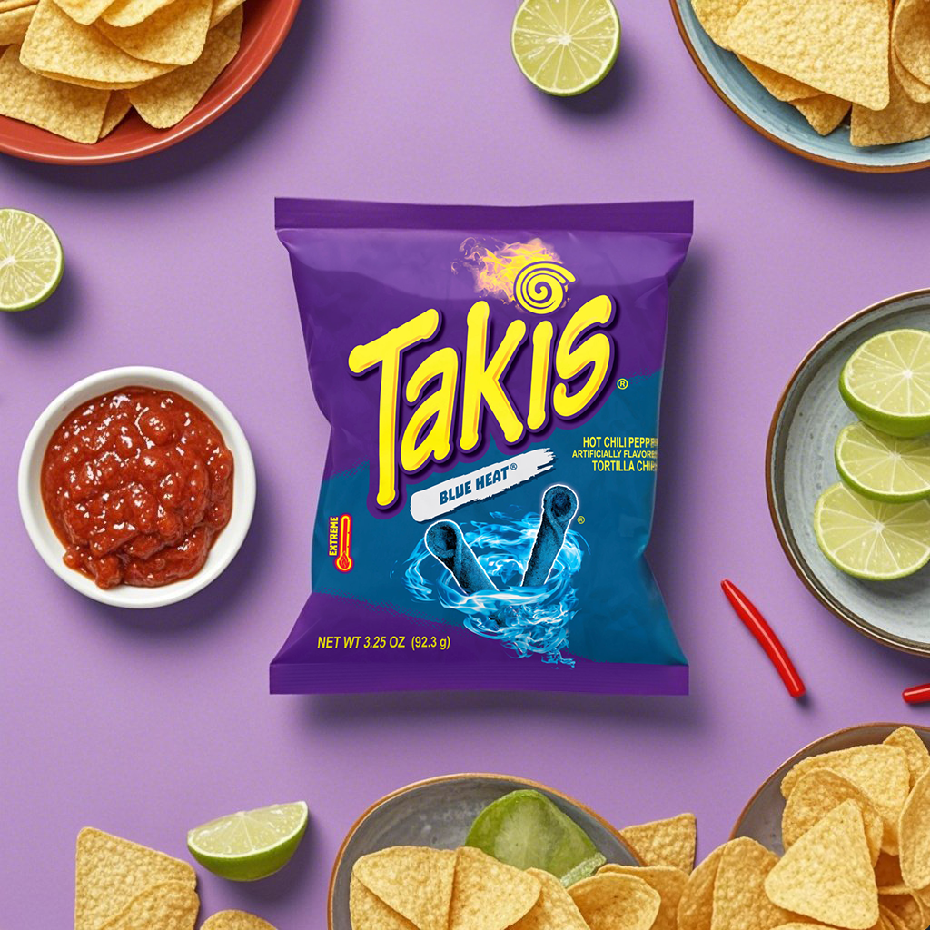 Takis Blue Heat confectionery snacks bag featuring spicy blue corn chips with vibrant blue packaging and bold branding.