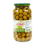 Crespo green olives in brine jar, 907g, dry grocery product with fresh green olives visible inside the glass jar.