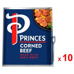Cans of Princes Corned Beef made with 100% ingredients, 340g each, arranged in a row on a grocery shelf.