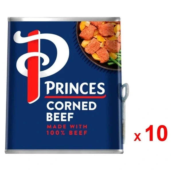 Cans of Princes Corned Beef made with 100% ingredients, 340g each, arranged in a row on a grocery shelf.