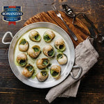 Maison Romanzini Escargot Helix Wild Burgundy snail in dry grocery packaging, showcasing the snails and branding.