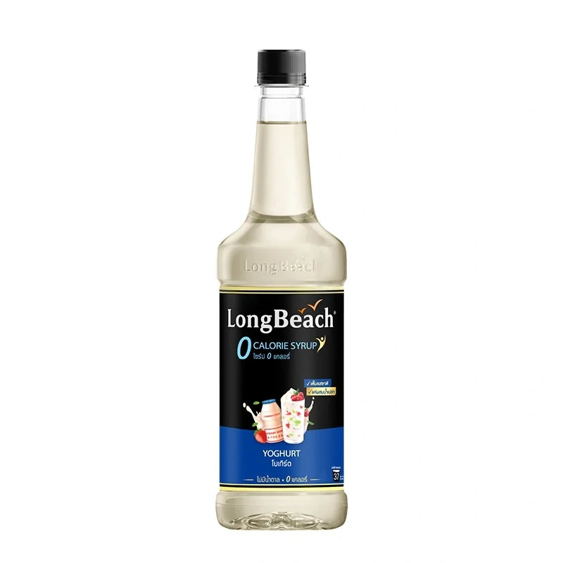 LongBeach Zero Calories Yoghurt Syrup bottle, dry grocery product with a clear label and a white cap, designed for yogurt toppings.