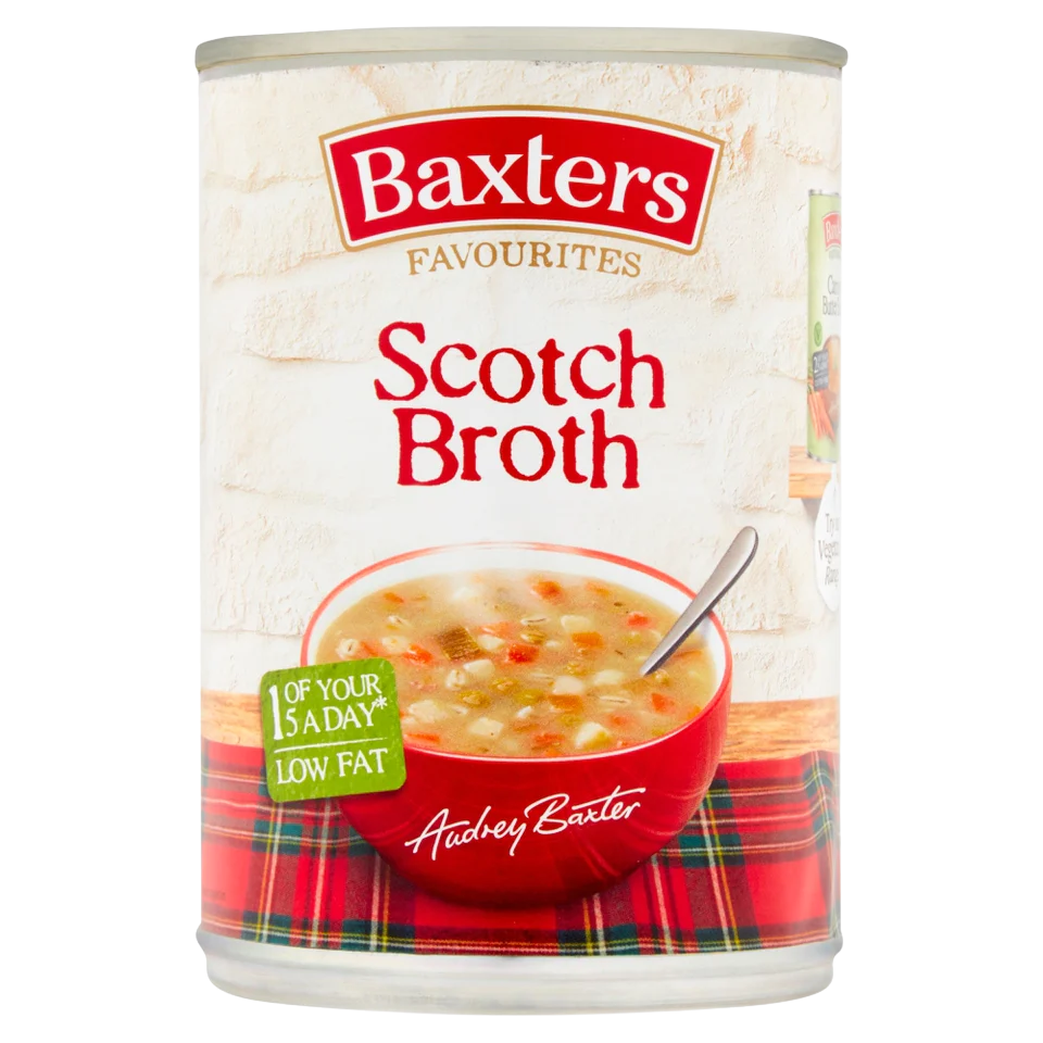 Baxters Scotch Broth in a bowl with vegetables and meat, showcasing traditional Scottish grocery soup.