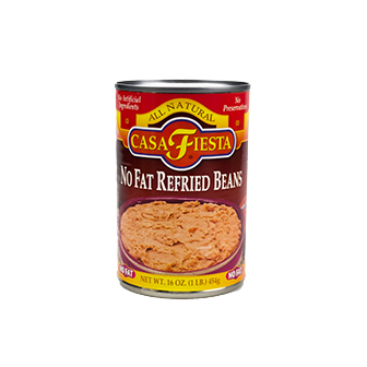 Cans of Casa Fiesta No Fat Refried Beans in a grocery store setting, showing the label and product packaging.