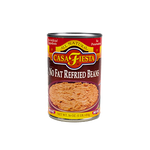 Cans of Casa Fiesta No Fat Refried Beans in a grocery store setting, showing the label and product packaging.