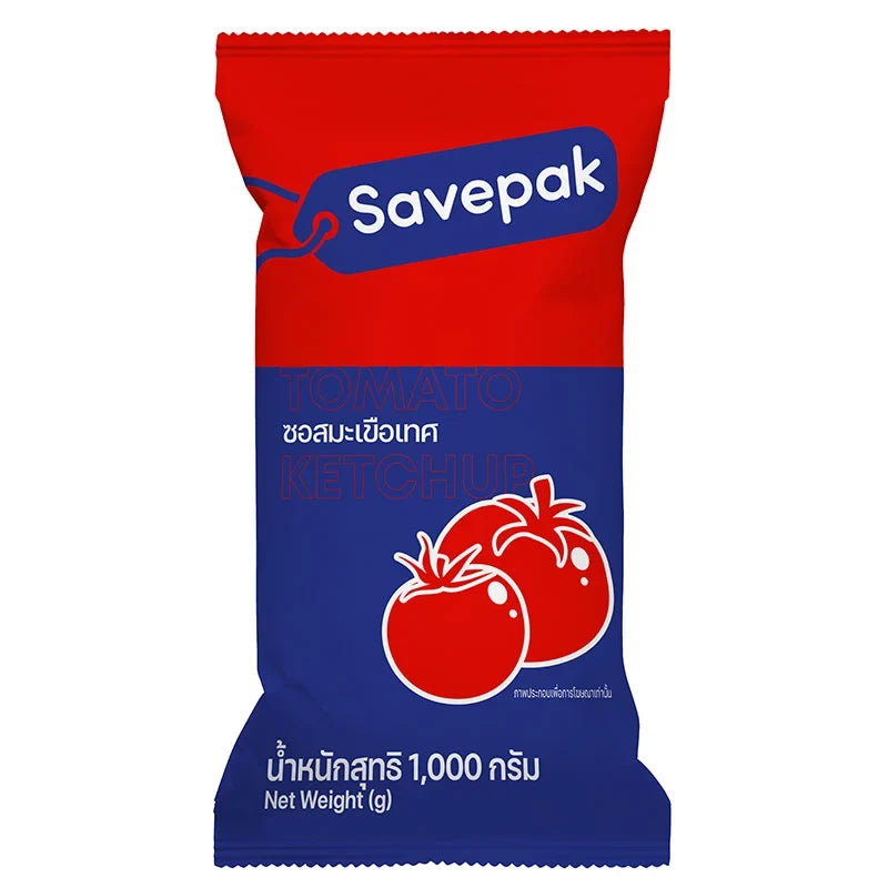 Savepak Tomato Sauce 1kg bottle, dry grocery product with bright red label and cap, showcasing the packaging design.