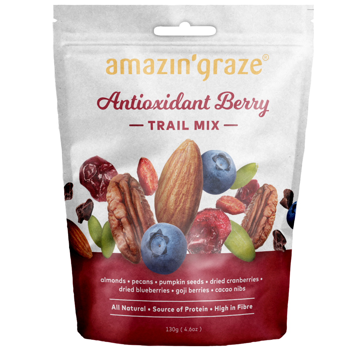Amazin’graze Berry Trail Mix confectionery snacks with mixed dried berries, nuts, and seeds in a clear snack pack.