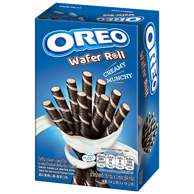 Oreo Vanilla Wafer Roll, a pack of crispy vanilla-flavored confectionery snacks with Oreo branding and textured surface.