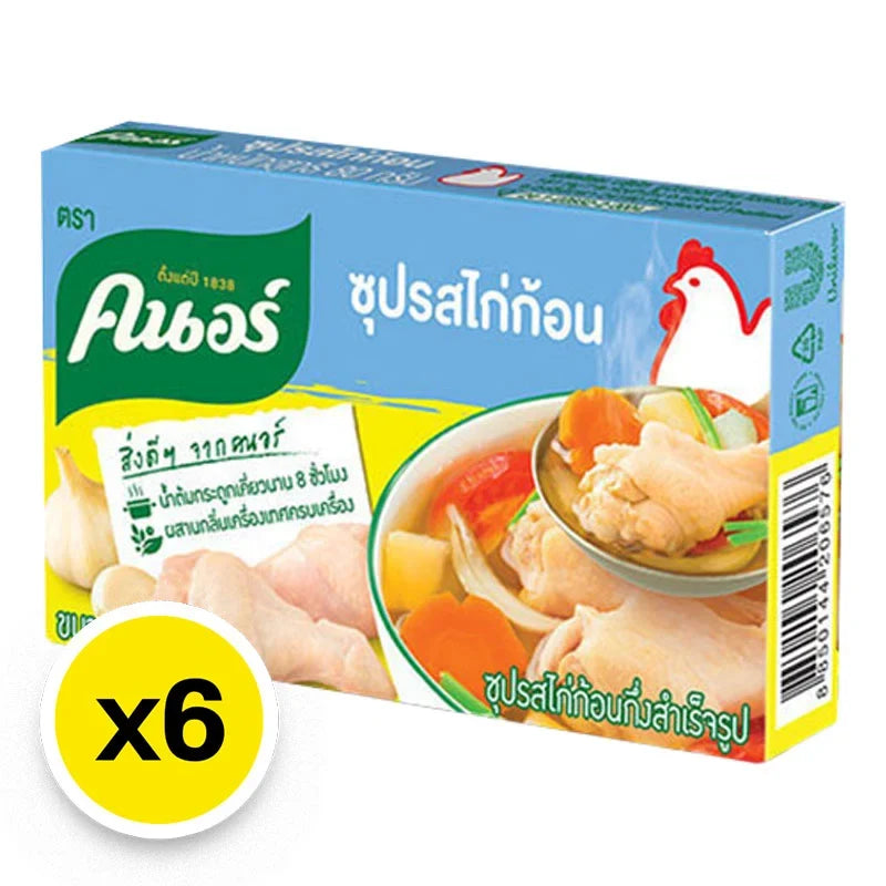 Pack of six Knorr Chicken Cubes, 80g each, in a dry grocery package, used for enhancing flavor in cooking.