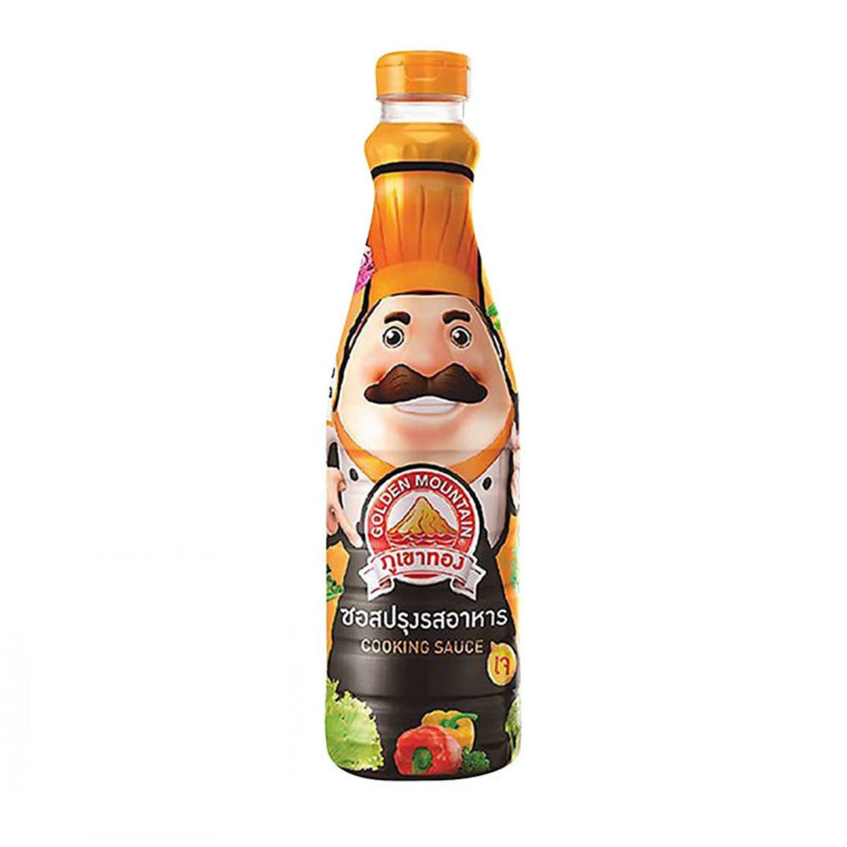 Golden Mountain Cooking Sauce bottle from Golden Mountain brand, featuring the label and product packaging on a grocery shelf.