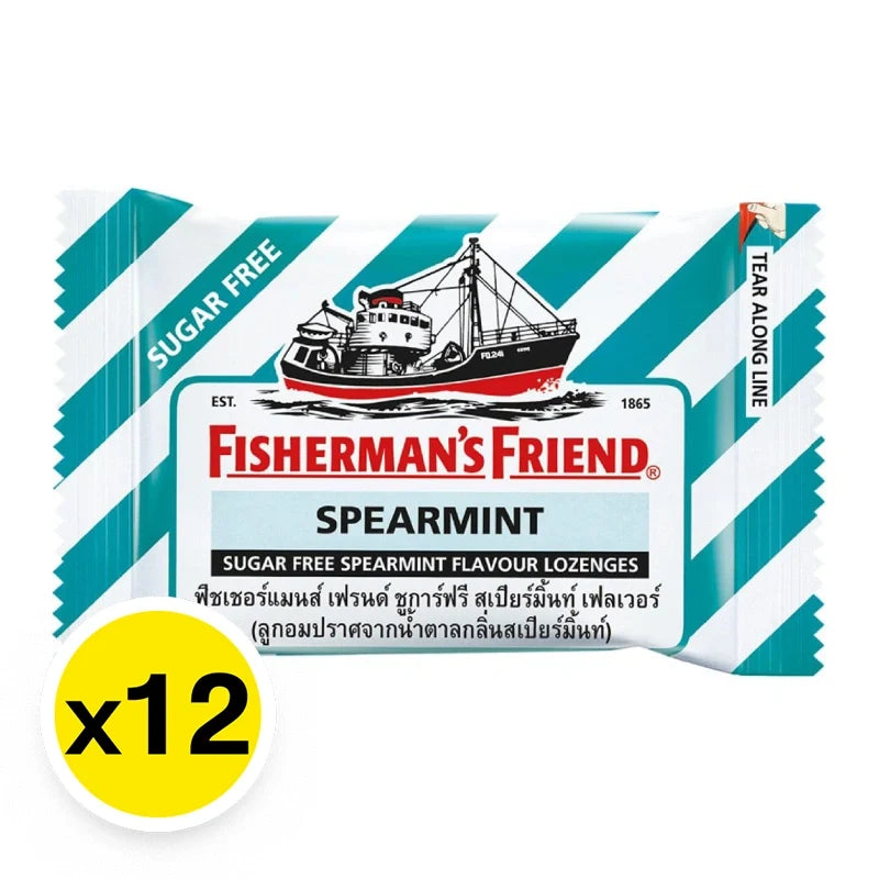 Fisherman's Friend Spear Mint Lozenges in a pack of 12, showing the small, round mint candies with blue and white packaging.