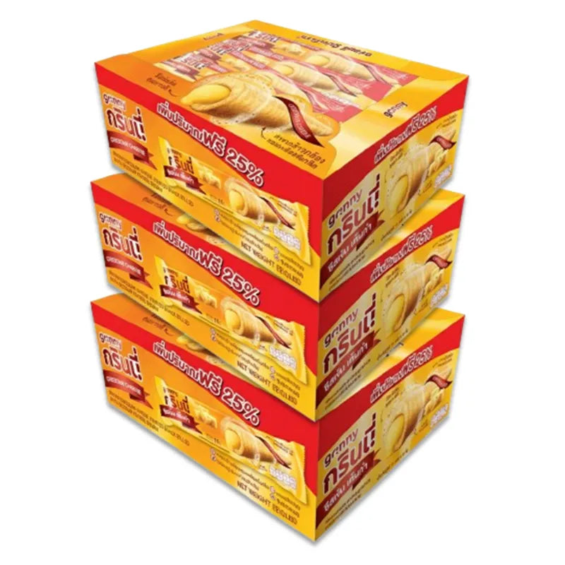 GRINNY Cheddar cheese-coated snack filled with cream, 15g x3, in a dry grocery snack and confectionery product image.