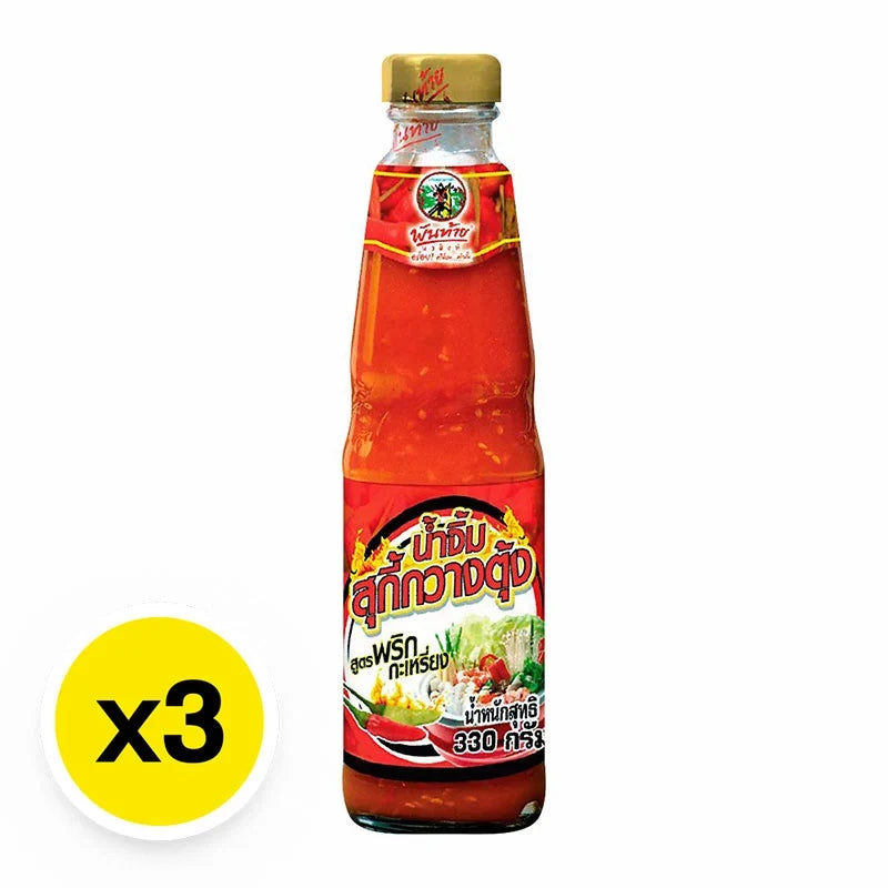 Pantainorasingh Sukiyaki Chili Sauce 330g, three bottles, dry grocery item with rich red chili sauce for cooking and dipping.