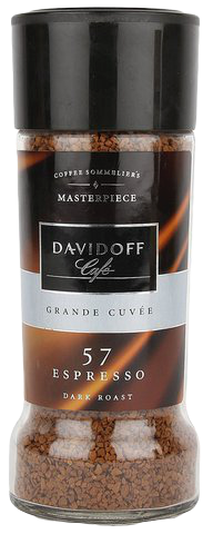 Davidoff Espresso Dark Roast freeze-dried coffee drink in a glass, showcasing rich dark coffee with a frothy top.