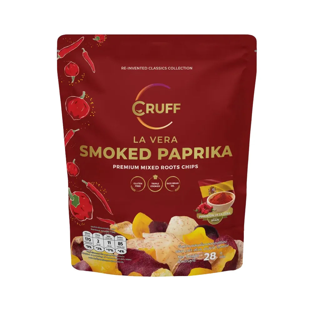 Cruff multi-colored fried crispy potatoes snack with smoked paprika, crispy snack confectionery by Cruff.