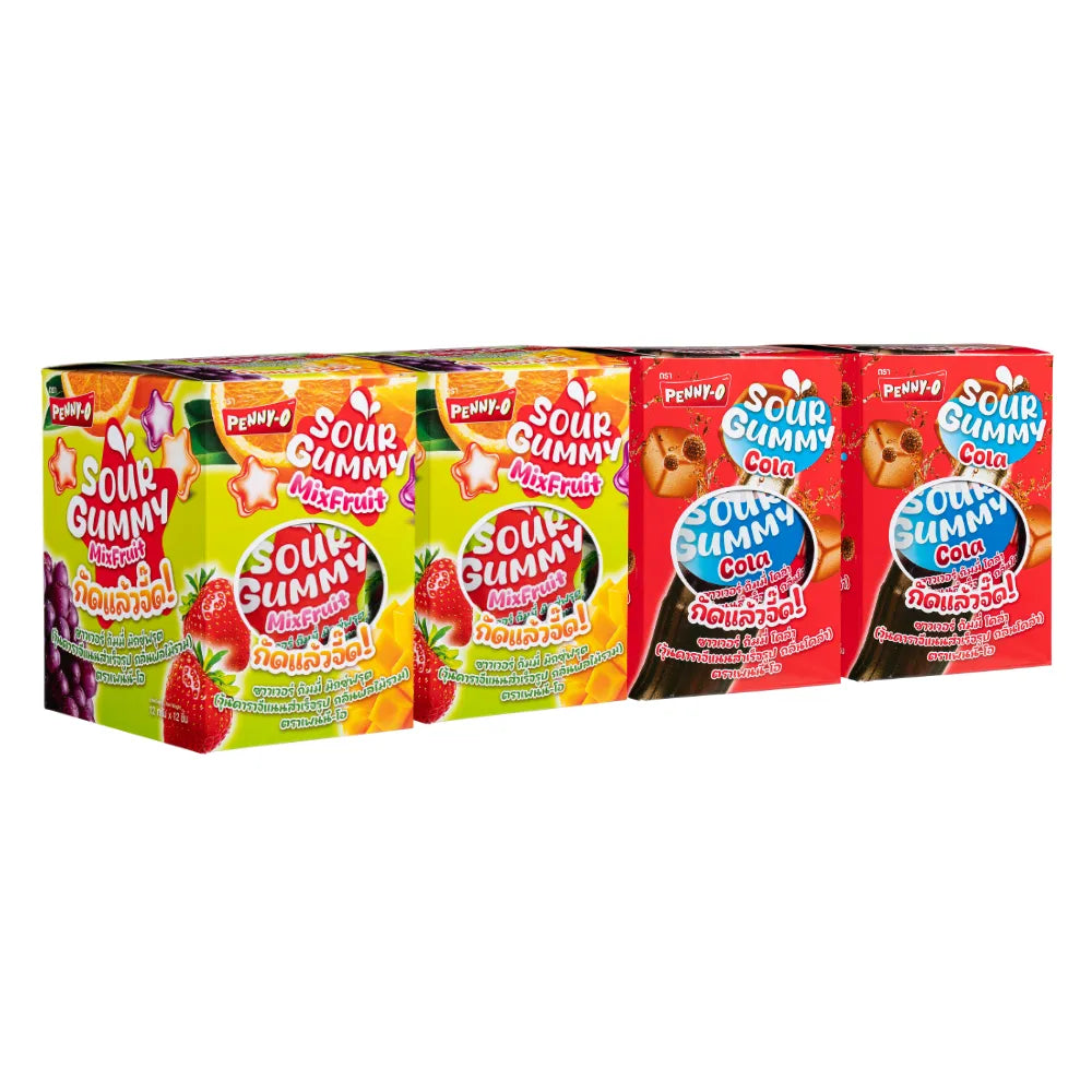 Pennyo Peeny-o Sour Gummy Cola and Mixed Fruit candies in a 48-pack, colorful chewy snack from PENNYO.