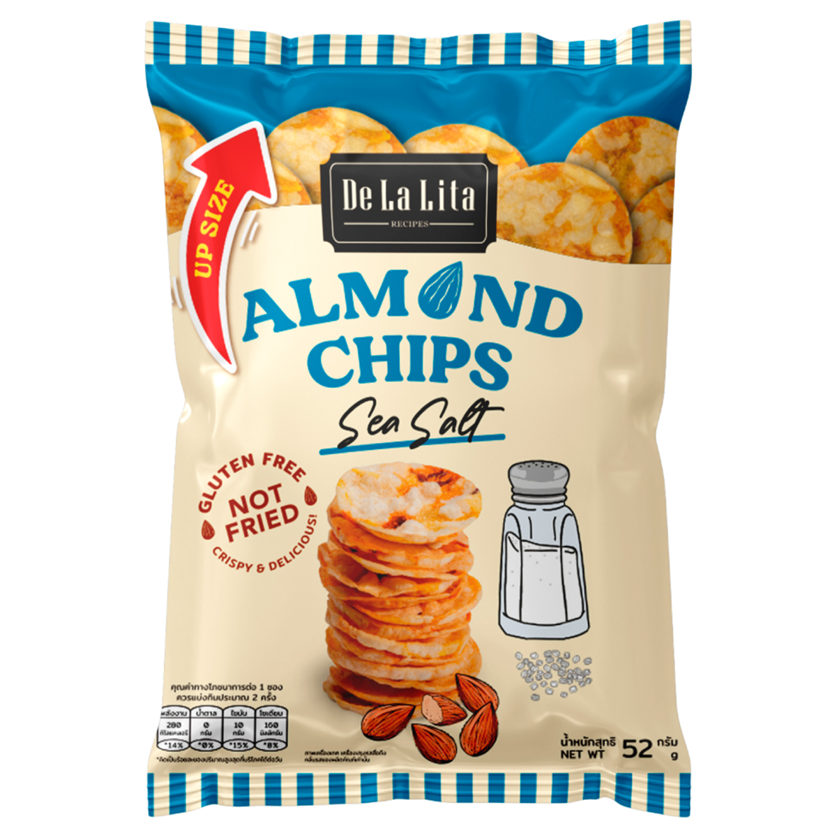 De La Lita Almond and rice chips with sea salt flavor, showing crispy snack bites in a colorful package.