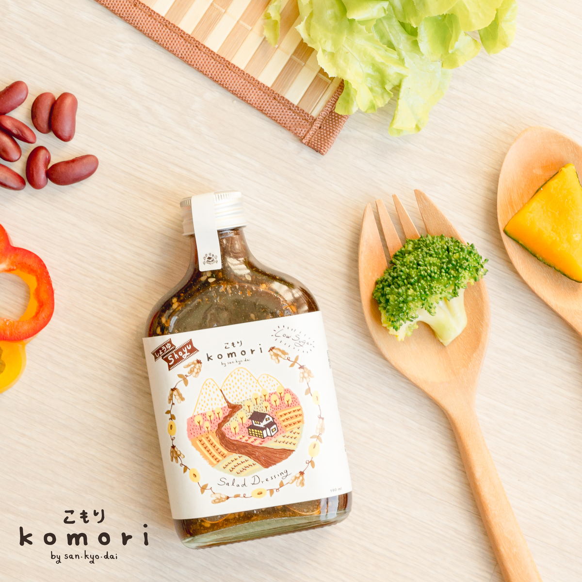 Komori Salad Dressing Shoyu bottle, healthy soy-based dressing, ideal for salads and Asian cuisine, with a clear label and dark soy color