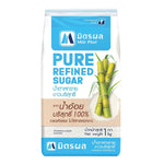 Mitrphol granulated sugar in a clear plastic bag, white fine grains for baking and cooking, grocery product.