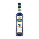 Mathieu Teisseire Le Blue Curacao syrup 700ml bottle for cocktails and drinks in a clear plastic container.