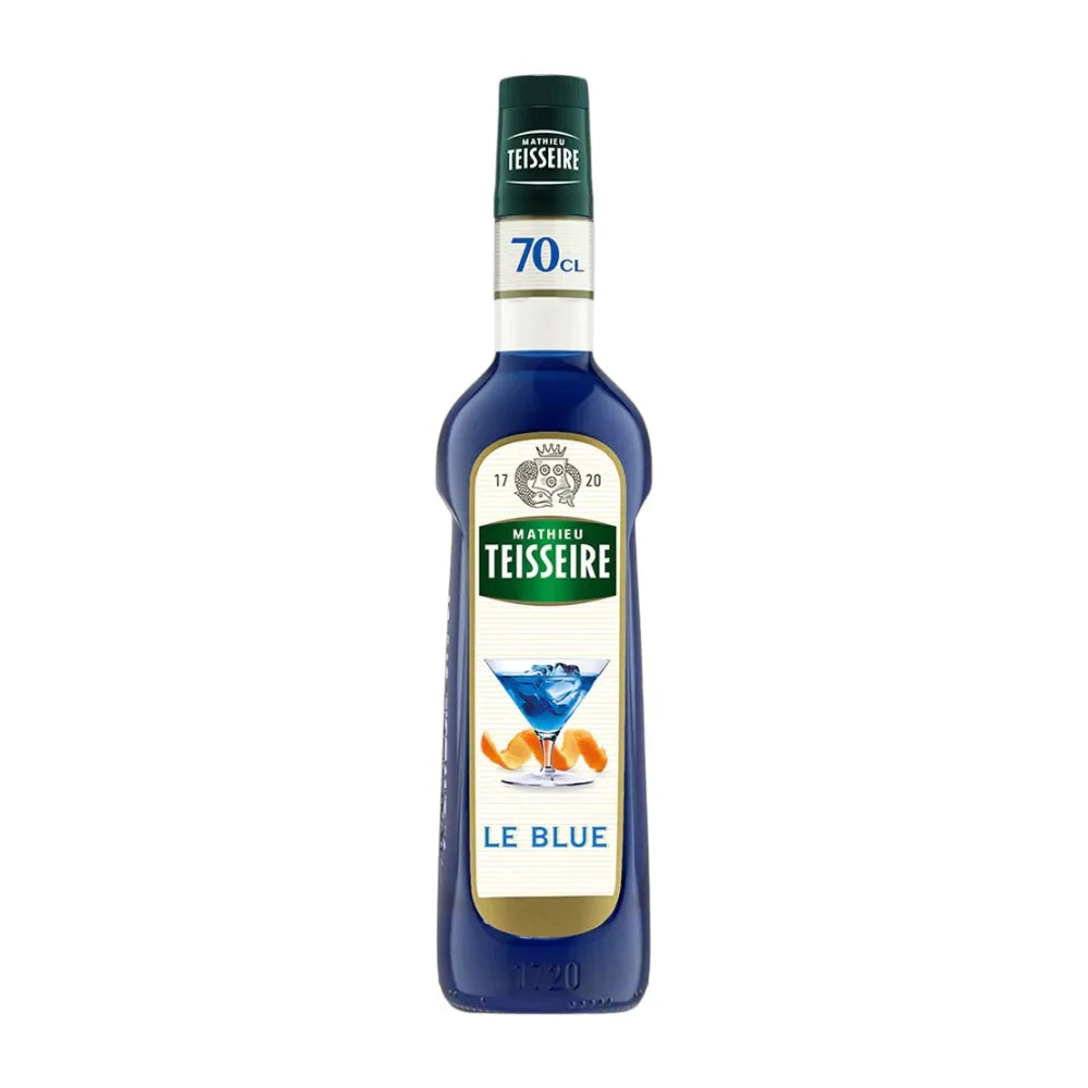Mathieu Teisseire Le Blue Curacao syrup 700ml bottle for cocktails and drinks in a clear plastic container.