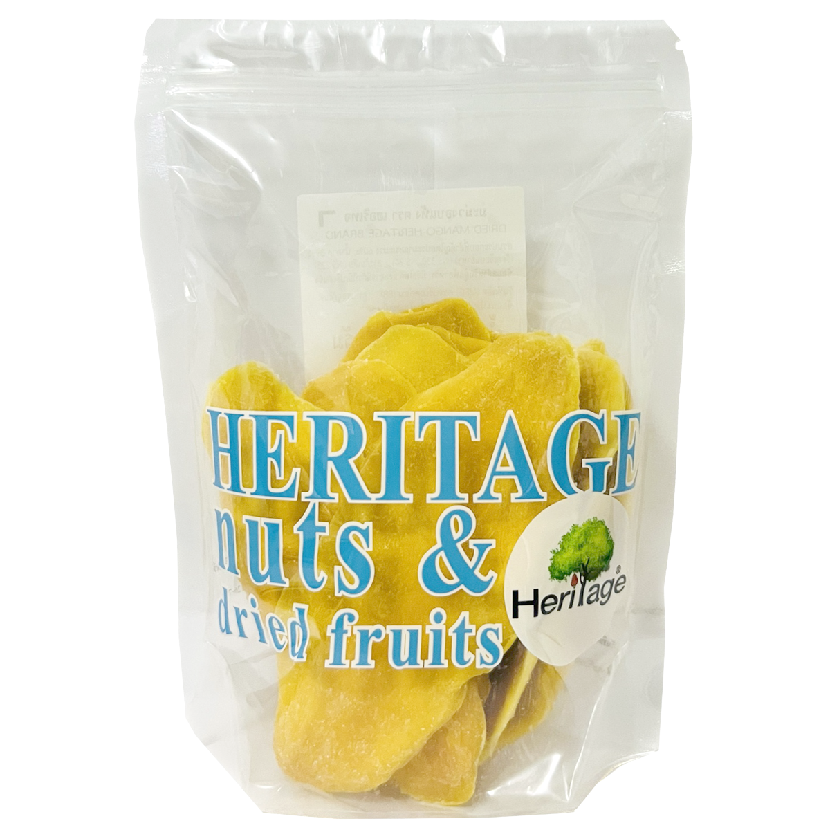 Dried mango slices from Heritage, a tasty confectionery snack with bright orange fruit pieces and a chewy texture.