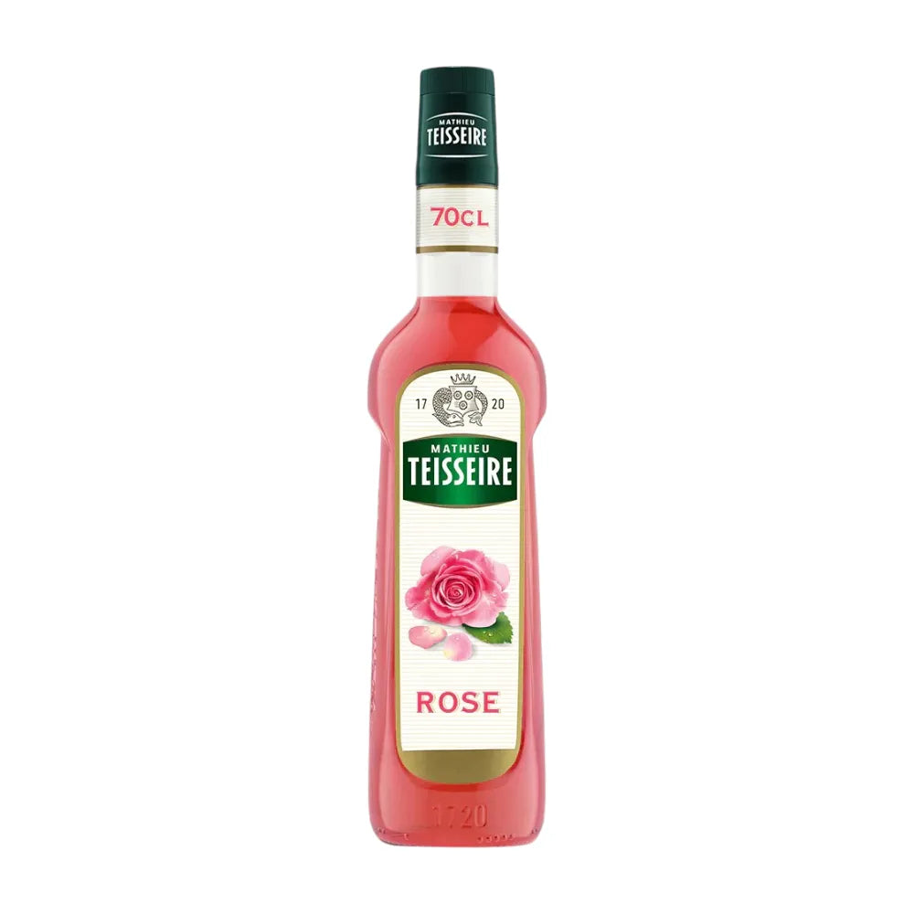 Mathieu Teisseire Rose Syrup 700ml bottle for drinks and desserts, showing the colorful label and packaging.