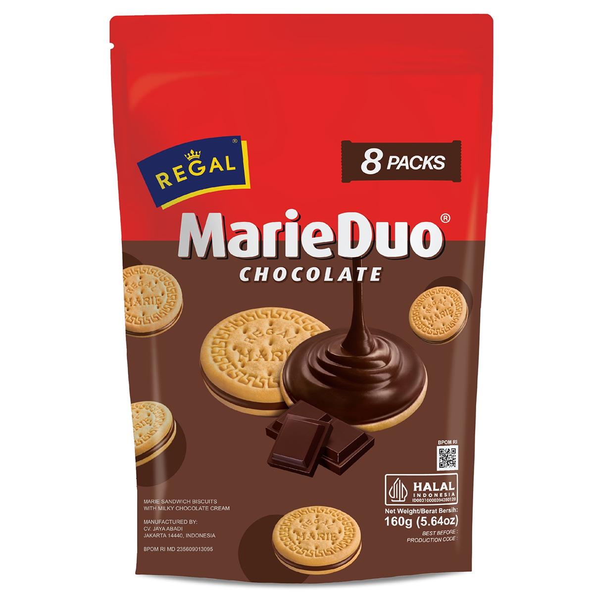 Regal Marie Chocolate Cream confectionery snack in a clear wrapper, showcasing the creamy chocolate filling inside.