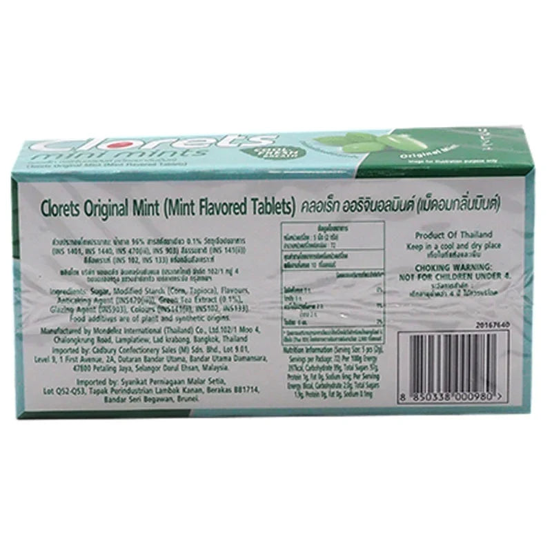 Clorets Mini Mint breath mints in 11.2g packs, part of dry grocery snacks and confectionery, shown in a group of four packages.