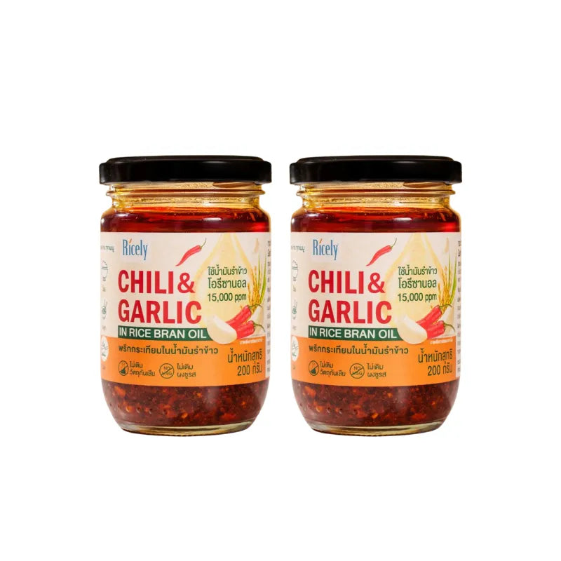Ricely Garlic Chili in rice bran oil, 200g, dry grocery product, showing a jar of spicy garlic chili in oil with a label.