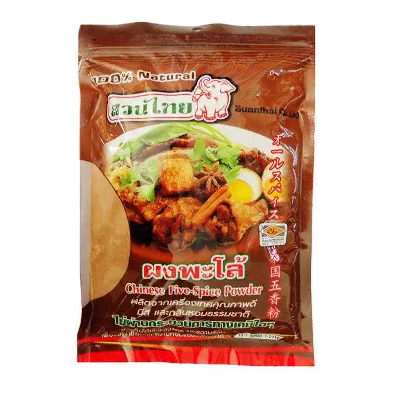 Dry grocery image of Suanthai Chinese Five spice mix, 500g package from the SUANTHAI brand, showing the spice blend in a clear bag.