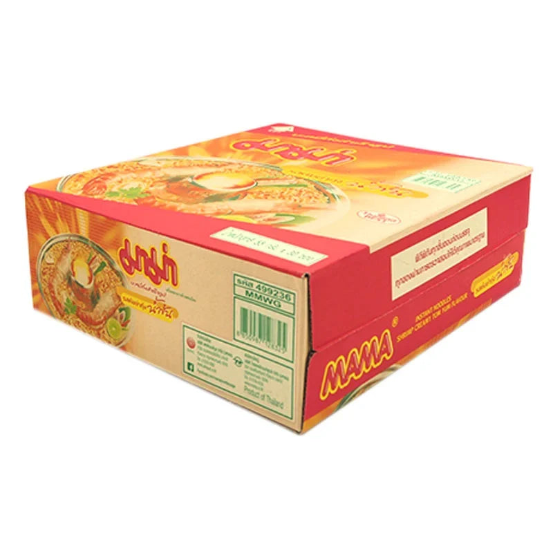 Mama Instant Noodles Shrimp Creamy Tom Yum 55g, dry grocery pack of 30, featuring flavorful shrimp and creamy tom yum broth.