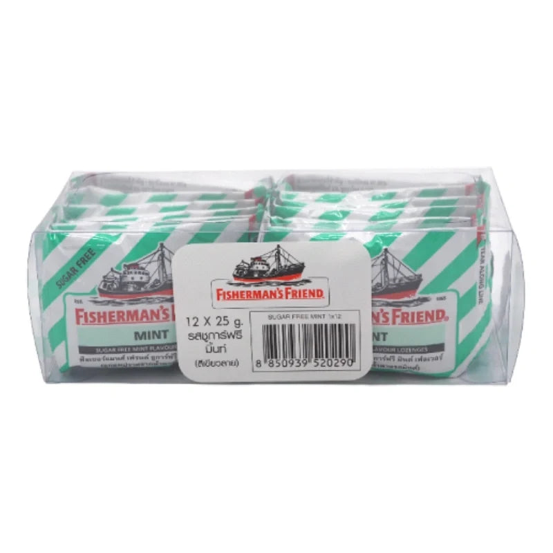 Fisherman's Friend Sugar-Free Mint Lozenges in a pack of 12, featuring white menthol-flavored lozenges for fresh breath.
