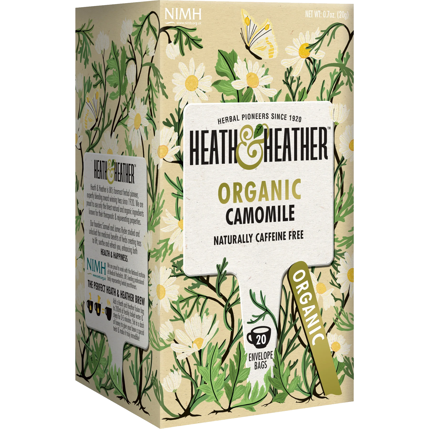 Heath and Heather organic chamomile tea drink in a clear glass, showcasing a warm, golden-colored herbal beverage.