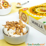Post Honey Bunches of Oats Vanilla cereal box, 340g, dry grocery product with vanilla-flavored oat clusters and honey taste.