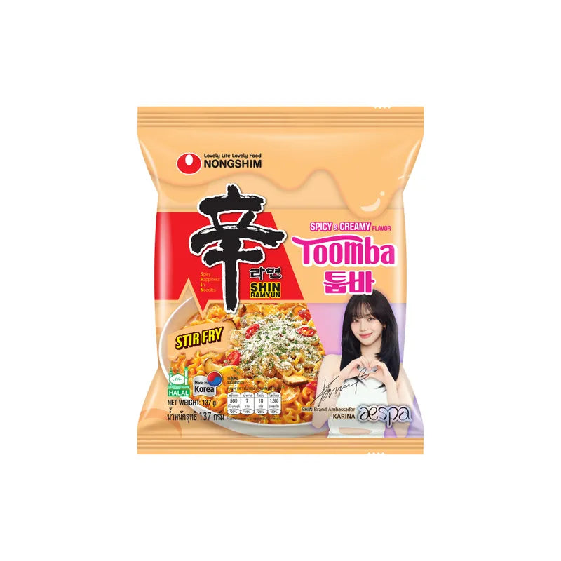 Nongshim Toomba Shin Ramyun stir fry dry grocery package with colorful noodles and vegetables on the front.