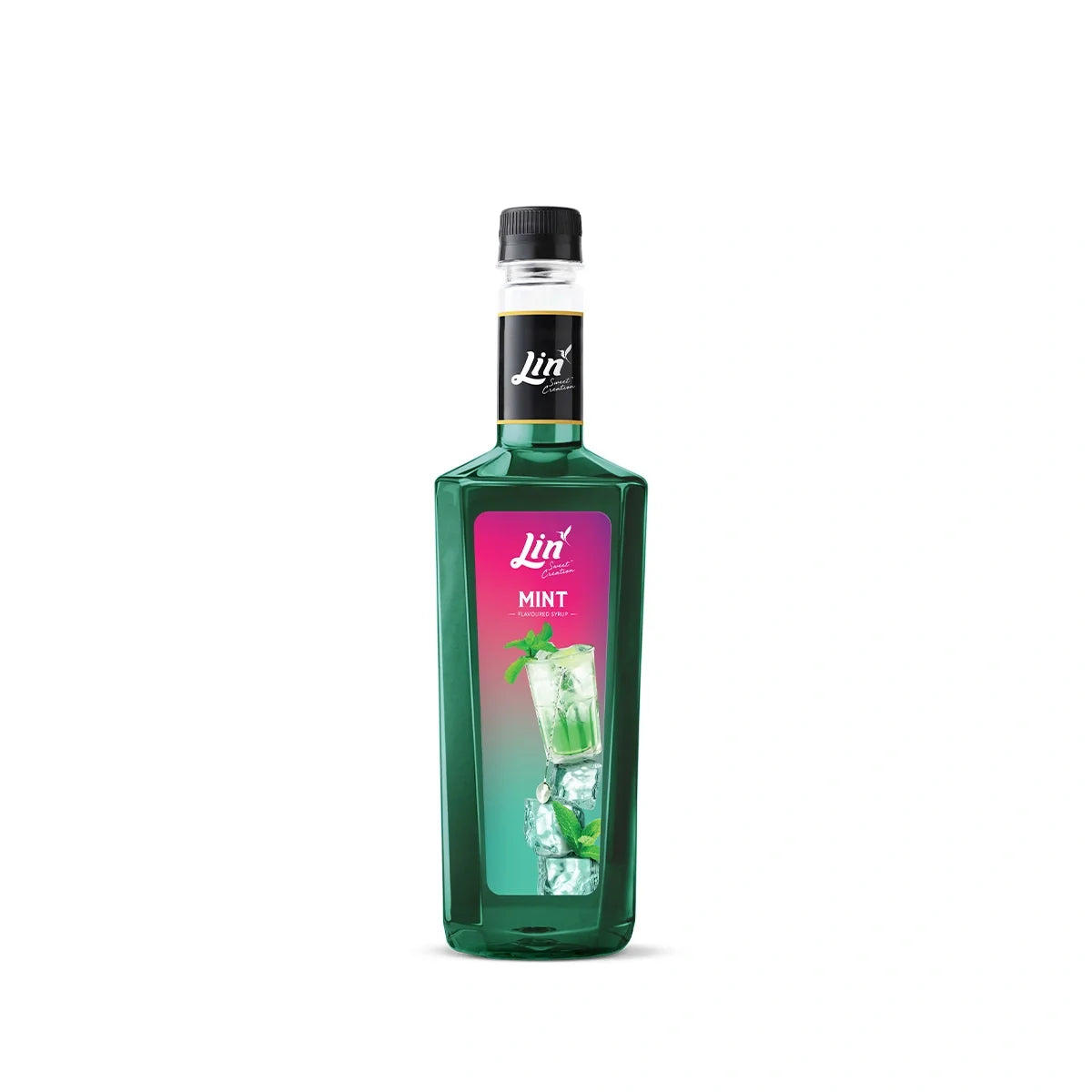 Lin Syrup Mint Flavor in a clear bottle, showcasing the mint-flavored dry grocery syrup with green mint leaves visible inside.