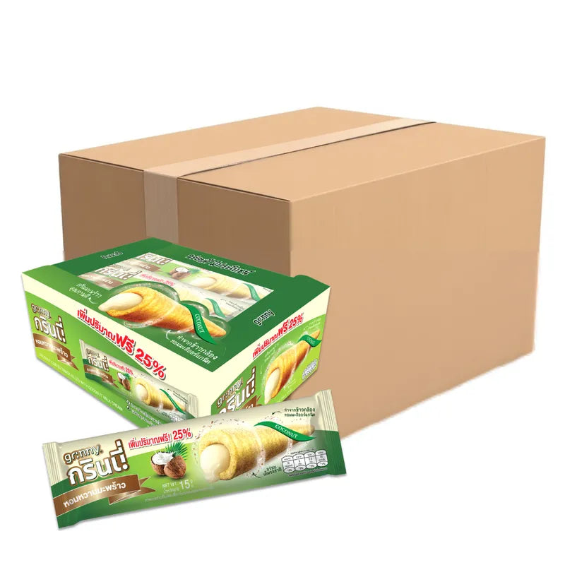Grinny coconut-coated snack filled with milk cream, 15g individual pieces, displayed in a colorful package for confectionery.
