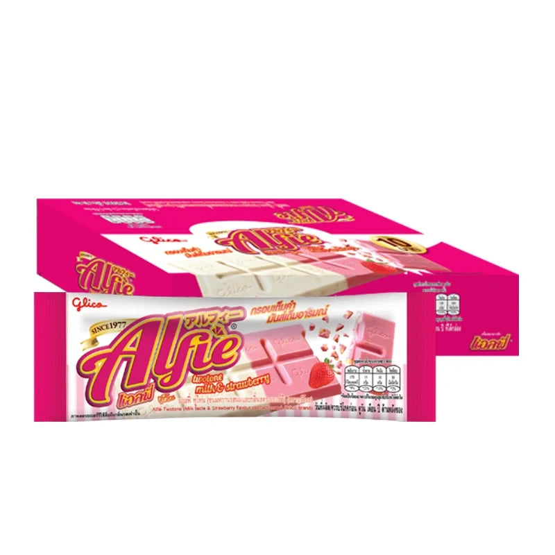 ALFIE Alfie TWO Tone Milk and Strawberry 31g snack pack, dry grocery, showing colorful packaging and product contents inside.
